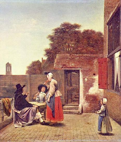 Pieter de Hooch Hof mit zwei Offizieren und trinkender Frau oil painting image